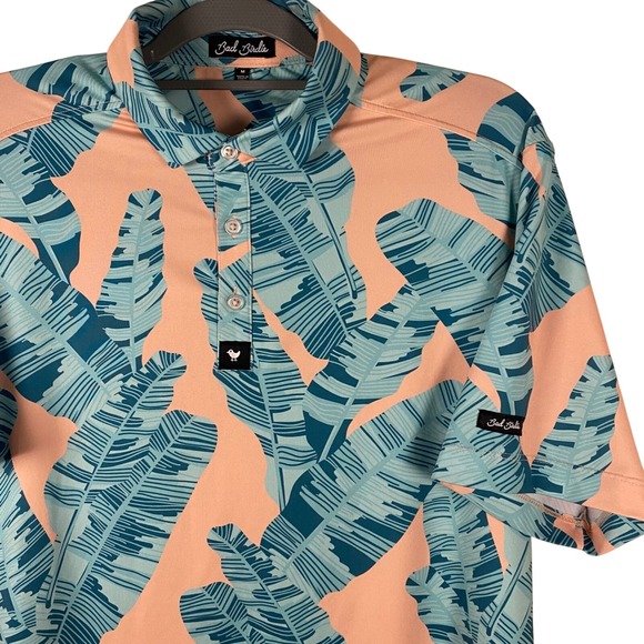 Bad Birdie Golf Polo Shirt Tropical Leaf Print Athletic Fit Peach Blue M - Picture 1 of 8